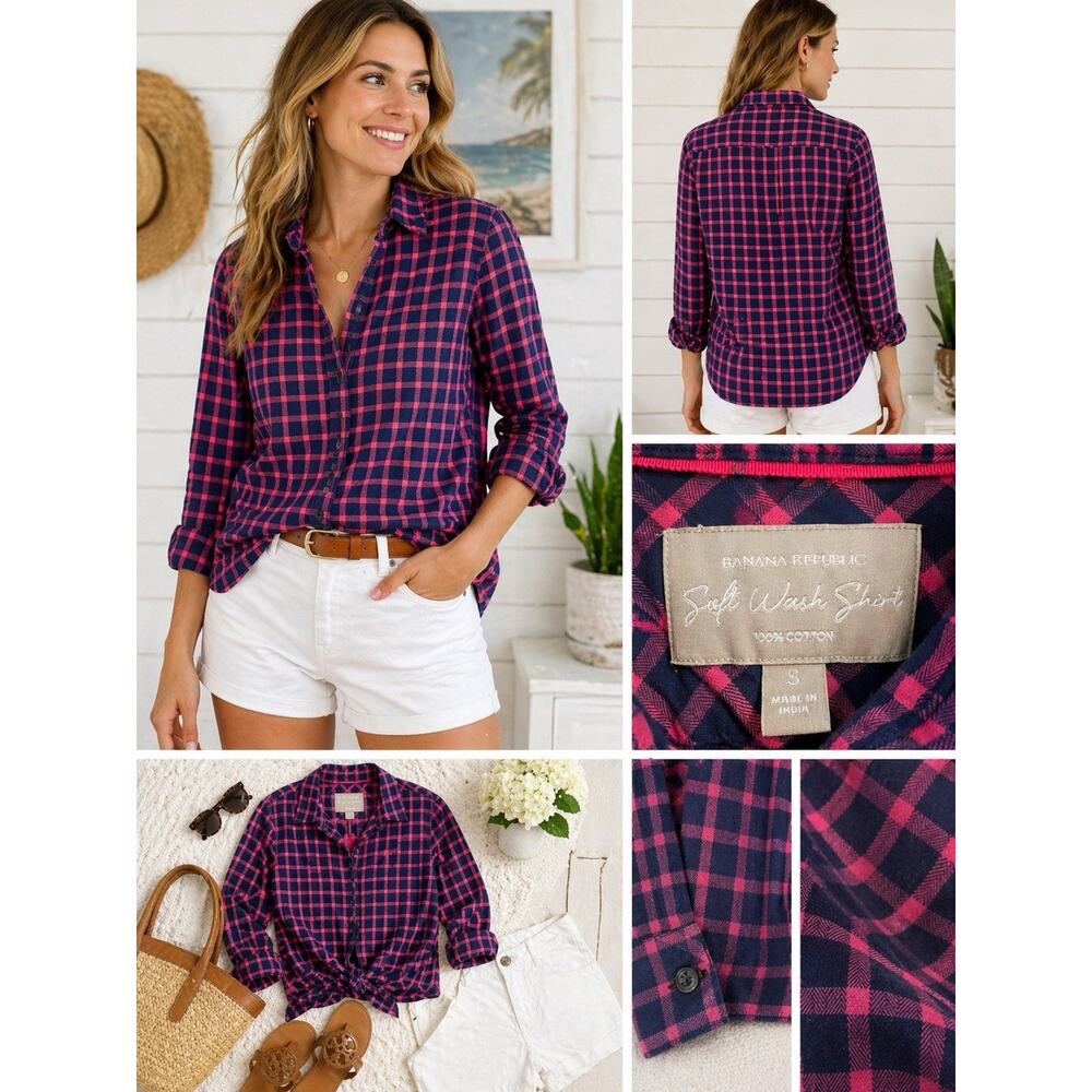 Banana Republic Navy Pink Plaid Soft Wash Shirt Sz S Preppy Coastal Casual
